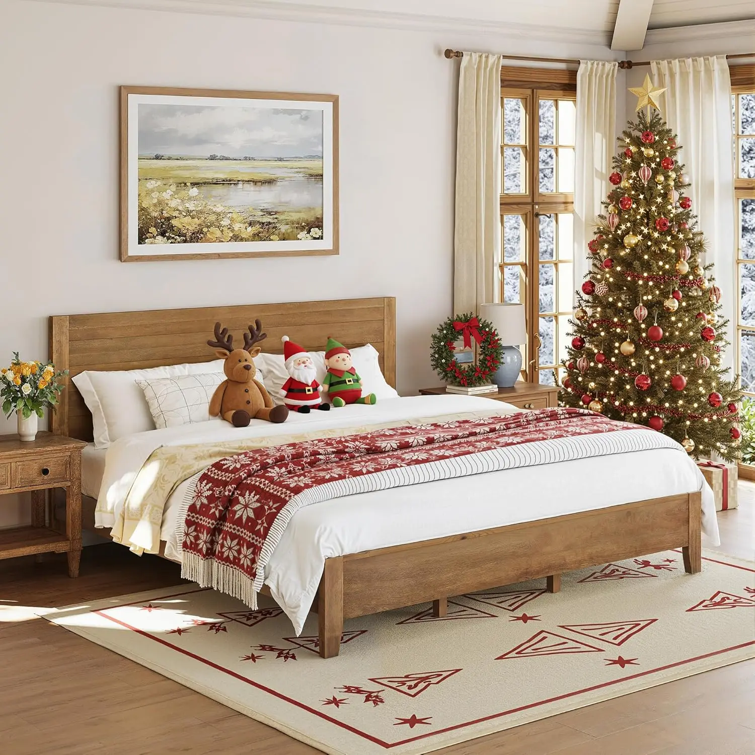 Bed Frame King Size, Wood Platform with Headboard, No Box Spring Needed, 800lb Capacity, Non-Slip Without Noise, Easy Ass