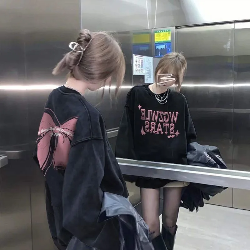 2025Women's Vintage large bow letter print Autumn Winter Hoodies Long Sleeved Round neck casual and simple Streetwear shirts