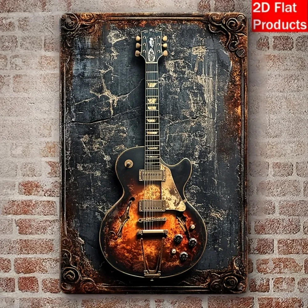 لوحة فنية جدارية معدنية على شكل جيتار ريفي مسطح عتيق ثنائي الأبعاد، لوحة حديدية مقاس 7.87 بوصة × 11.8 بوصة - ديكور منزلي/بار
