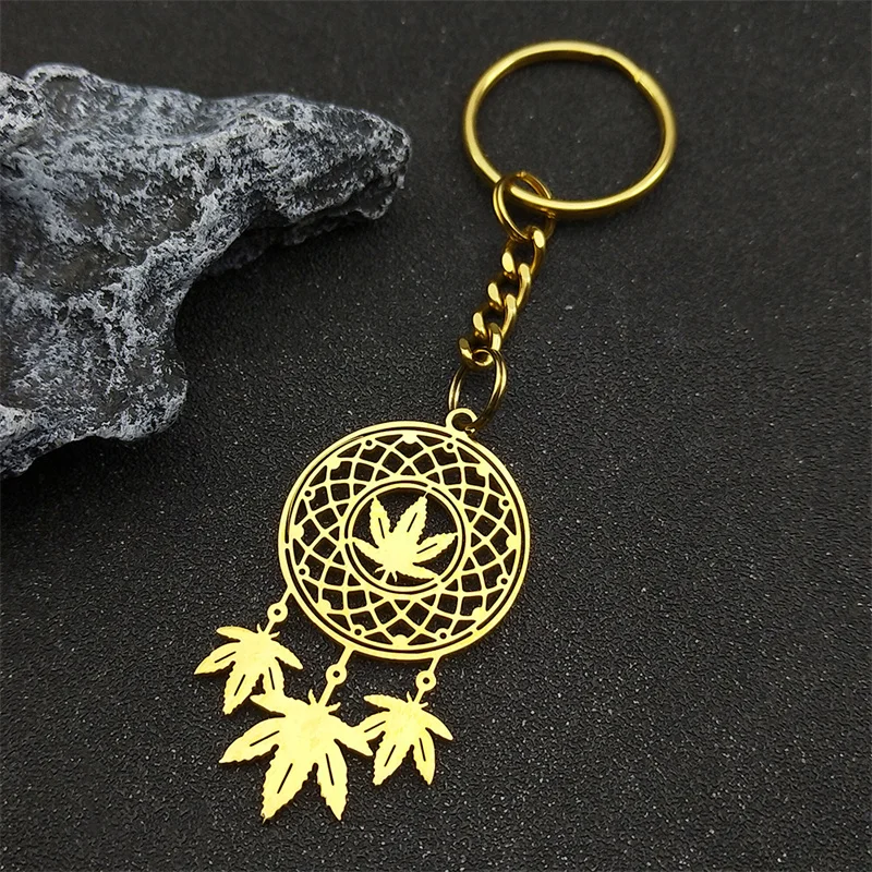 Indian Maple Leaves Dreamcatcher Keychain For Women Men Stainless Steel Gold Color Help Sleep Key Ring Jewelry Amulet