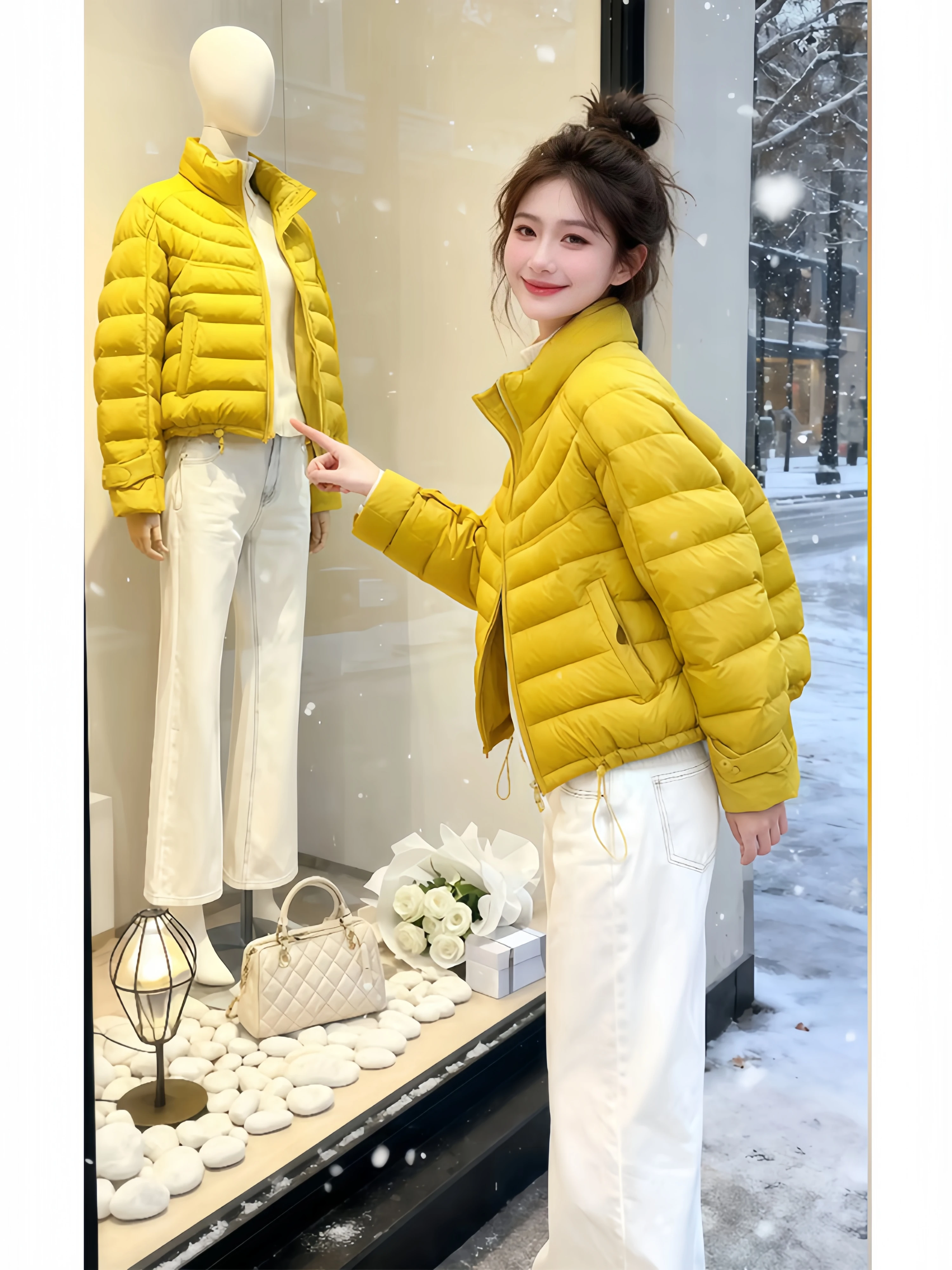 

Yellow Short Puffer Style Stand Collar down Cotton Jacket Women's Thick Warm Winter Outerwear Korean Loose Fit Fashion