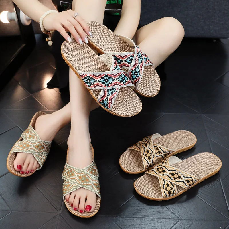 Linen Slippers All Season Indoor Non-slip Thick Sole Breathable Stylish Design Slides For Men Women Couple Wooden Floor Home Use
