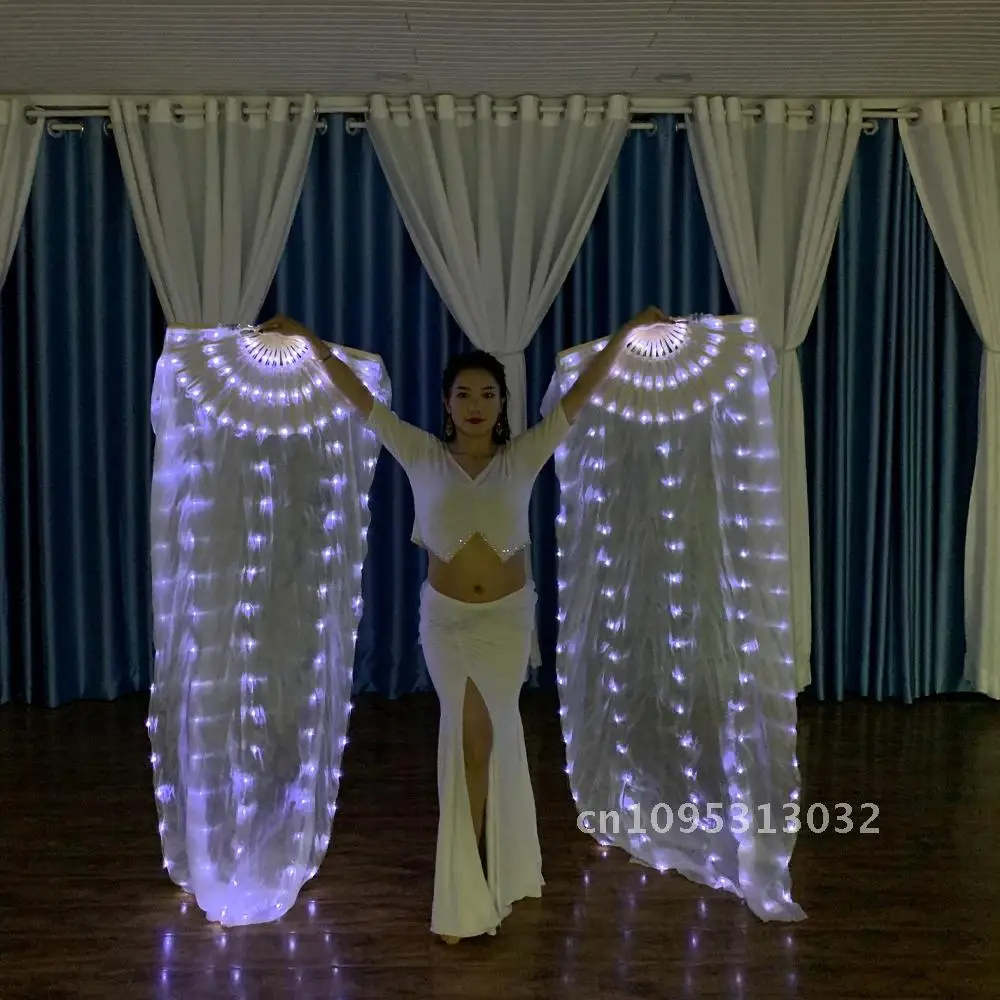 100% Silk Led Light Rainbow Fold Fans Belly Dance Party Performance Stage Costume Cosplay Shows Accessorie Nightculb Bar