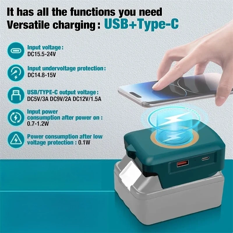 

Портативный внешний аккумулятор с портом зарядки Type-C для литий-ионных аккумуляторов Makita/Dewalt/Milwaukee 18В, беспроводное зарядное устройство для телефона, USB-адаптер