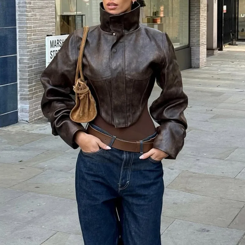 Women High Neck Irregular Cropped Leather Jacket Autumn Retro Long Sleeve Zipper Fishbone Coats Lady High Street Short Coat Y2k