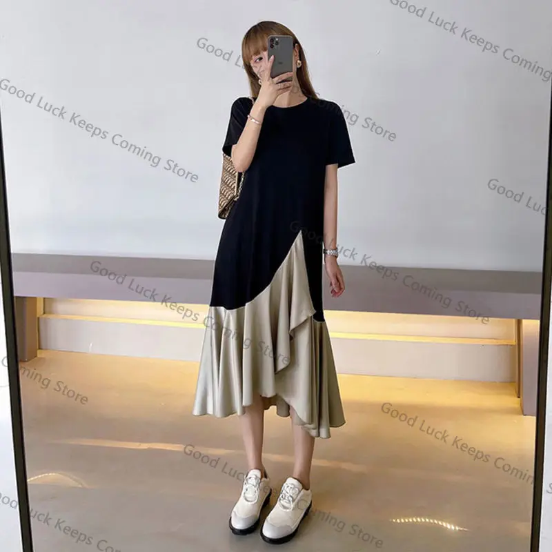 Grande taille été Dr pour les femmes coupe ample T-shirt jupe longue coréenne Sle rond Ne ort Sve a-ligne Silhouette tenue décontracté