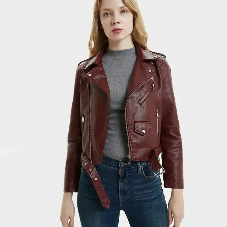 Spring Women Faux Leather Moto Jacket Short Motorcycle Pu Jacket with Belt Cute Ladies Coat Female Streetwear Girls Outerwear