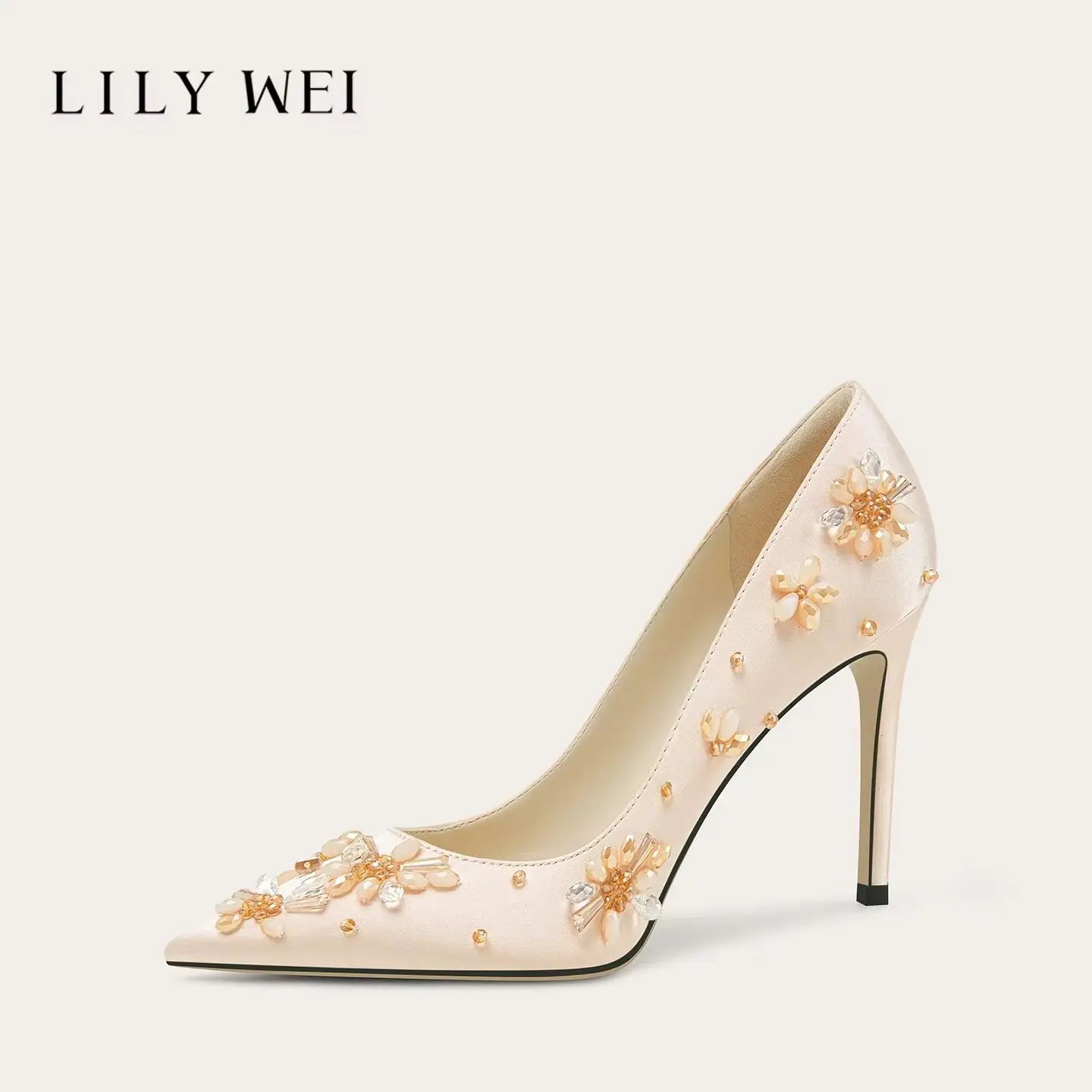 Spring pointed shallow mouth silk crystal bead flower single shoe banquet large size small size widened high heels women's shoes