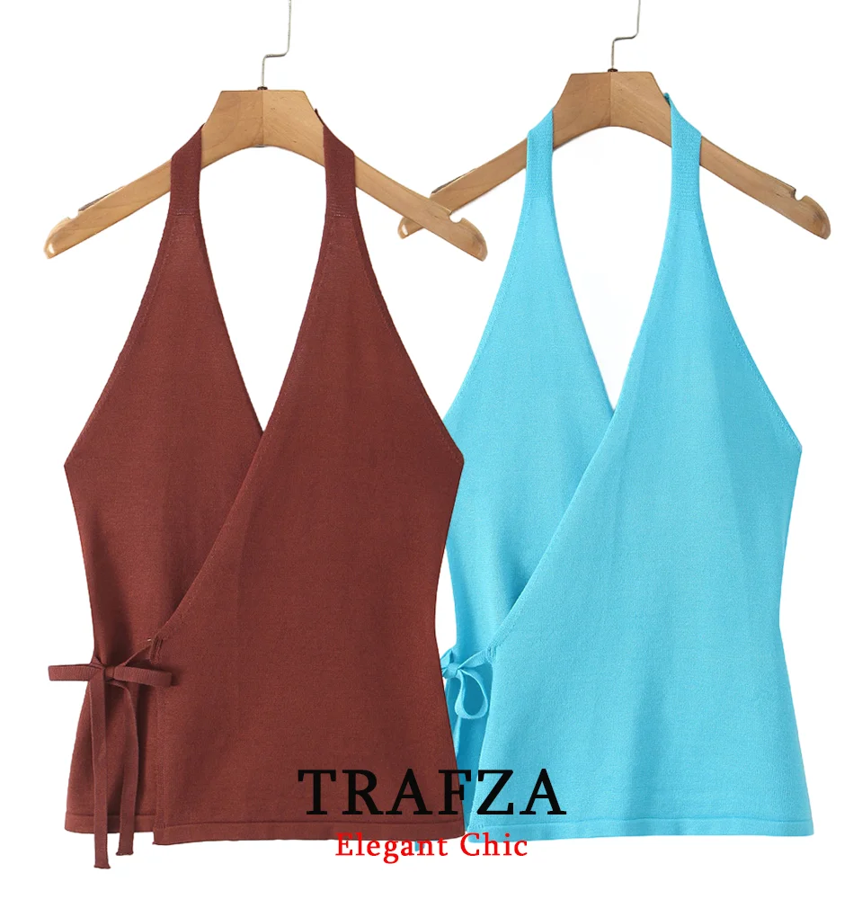 

KONDALA Women Hot-Sexy Slim Vest Knitted Backless Lace-up Halter Tops 2025 Spring/Summer Fashion Beach Holiday Casual Lady Tops
