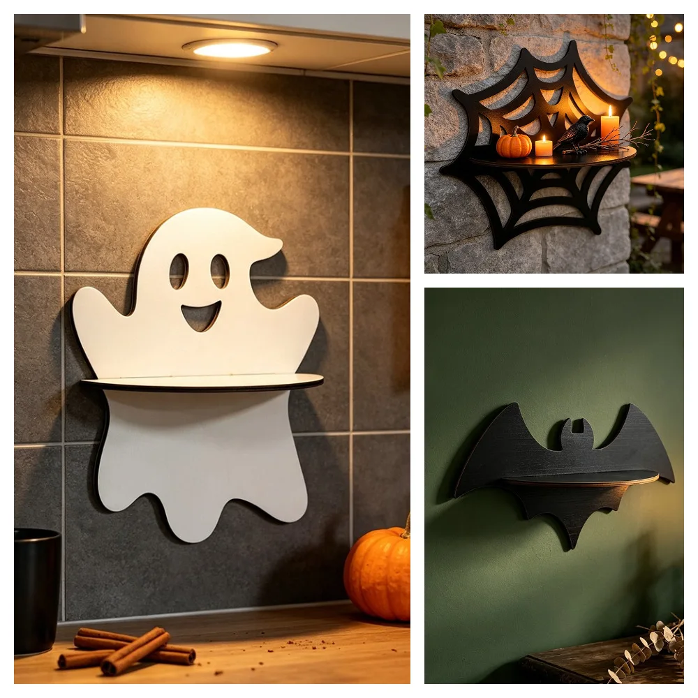Halloween Wall Shelf Wooden Ghost Bat Spider Web Floating Display Rack Gothic Home Party Decoration Storage Holder
