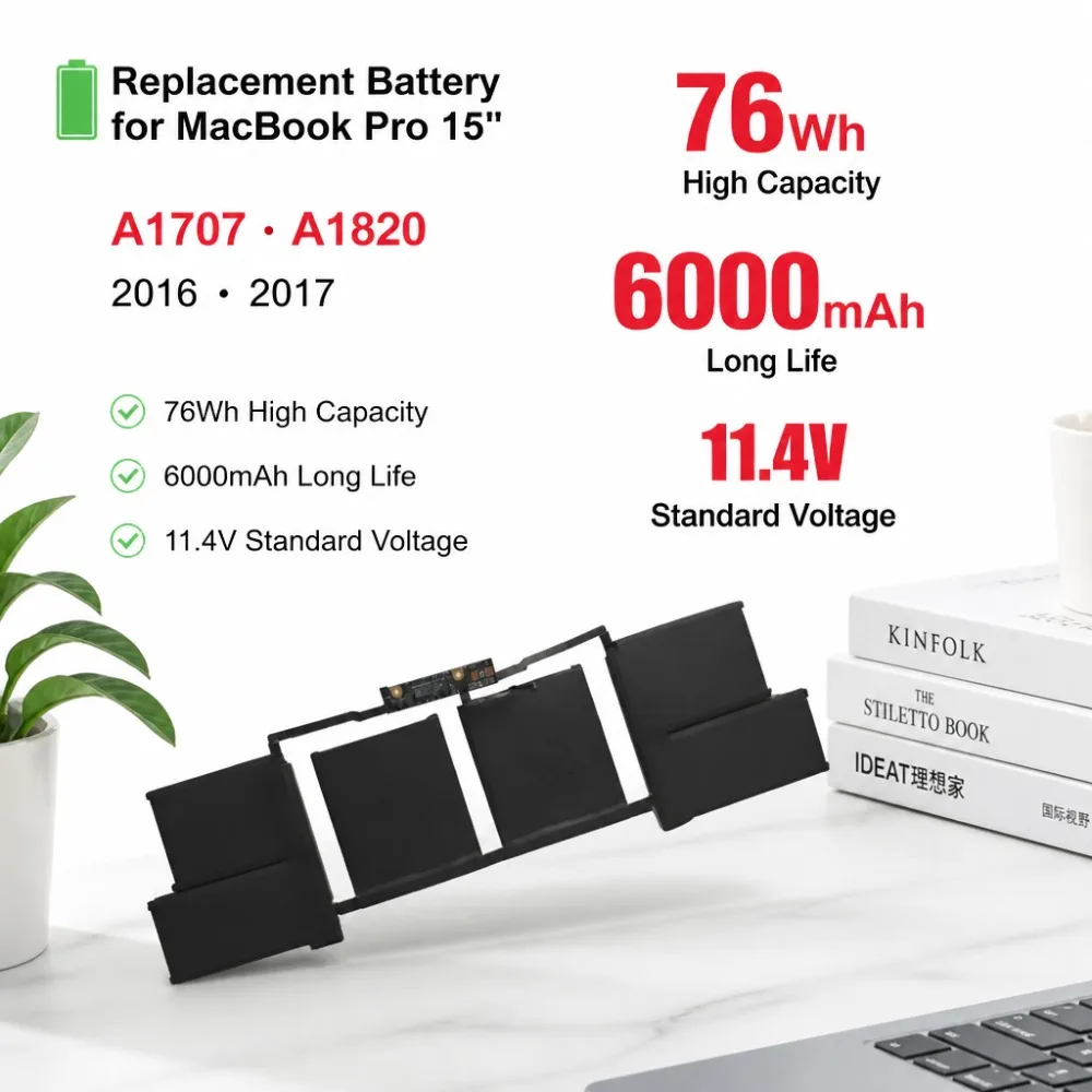 11.4V 76Wh 6000mAh Replacement Battery A1820 A1707 for MacBook Pro 15 2016 2017 MLH32CH/A MLH42CH/A MPTR2LL/A