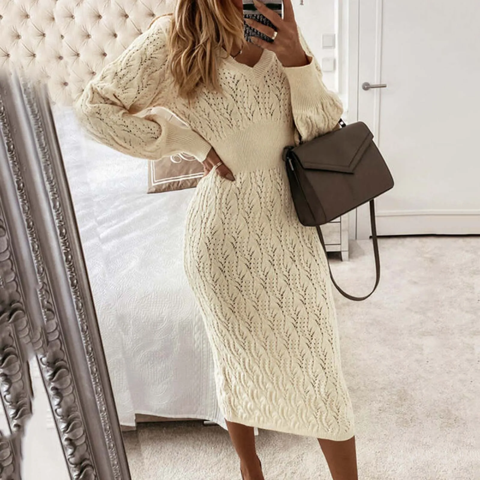 Knitted Hip Length Dress Elegant And Pretty Women Autumn Winter Warm Long Sleeved Weave Long Dresses Korean Fashion Slim Dress