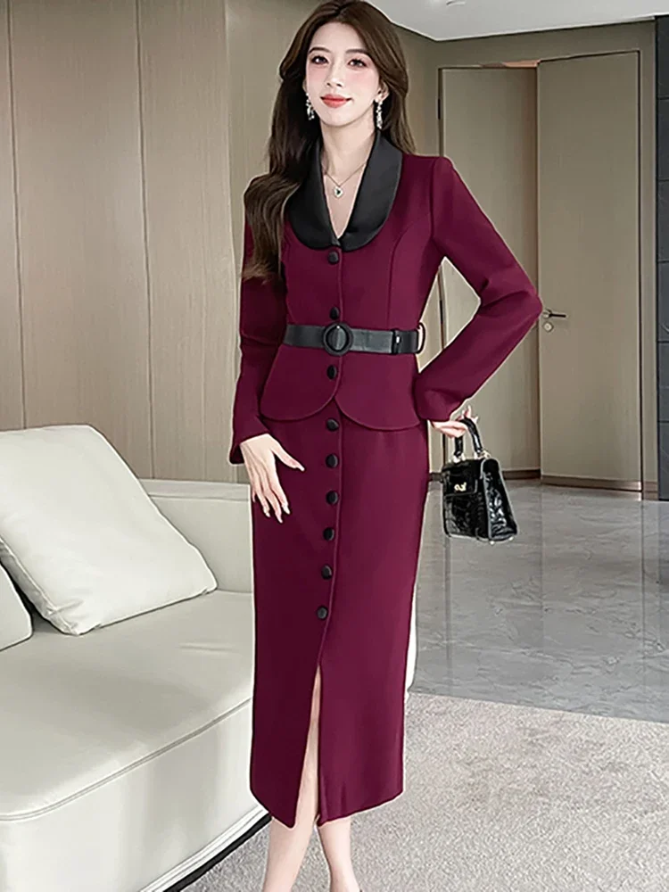 Women Elegant Bodycon Office Lady Dress Autumn Winter Solid Long Sleeve Polo Collar Bandage Dress 2024 Korean Fashion Porm Dress