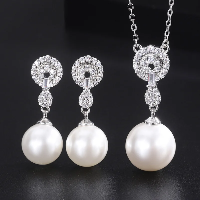 

Charm White Fritillaria Pearl Long Hanging Earrings Pendant Necklace Set Women's Jewelry Transparent Crystal Wedding Anniversary