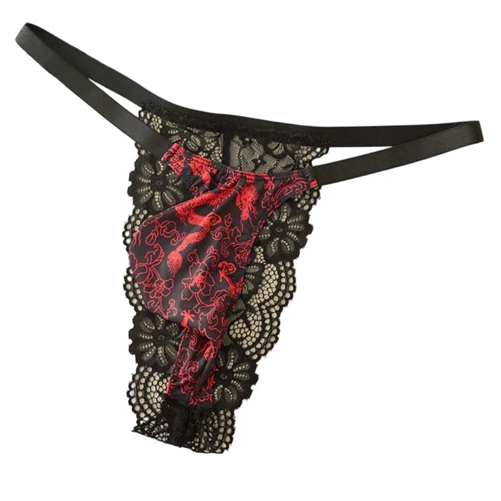 Men Briefs Lace Mesh Sheer Underwear Gay Sissy Bulge Pouch Very Hot Lingerie Chinoiserie Printing Thong Extreme Men's Panties