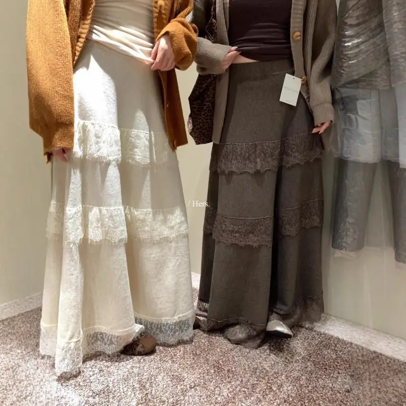 

Women's Skirt Autumn and Winter A Line Skirt Women High Waist Knit Lace Trim Casual Midi Skirt Solid Color Simple Design New