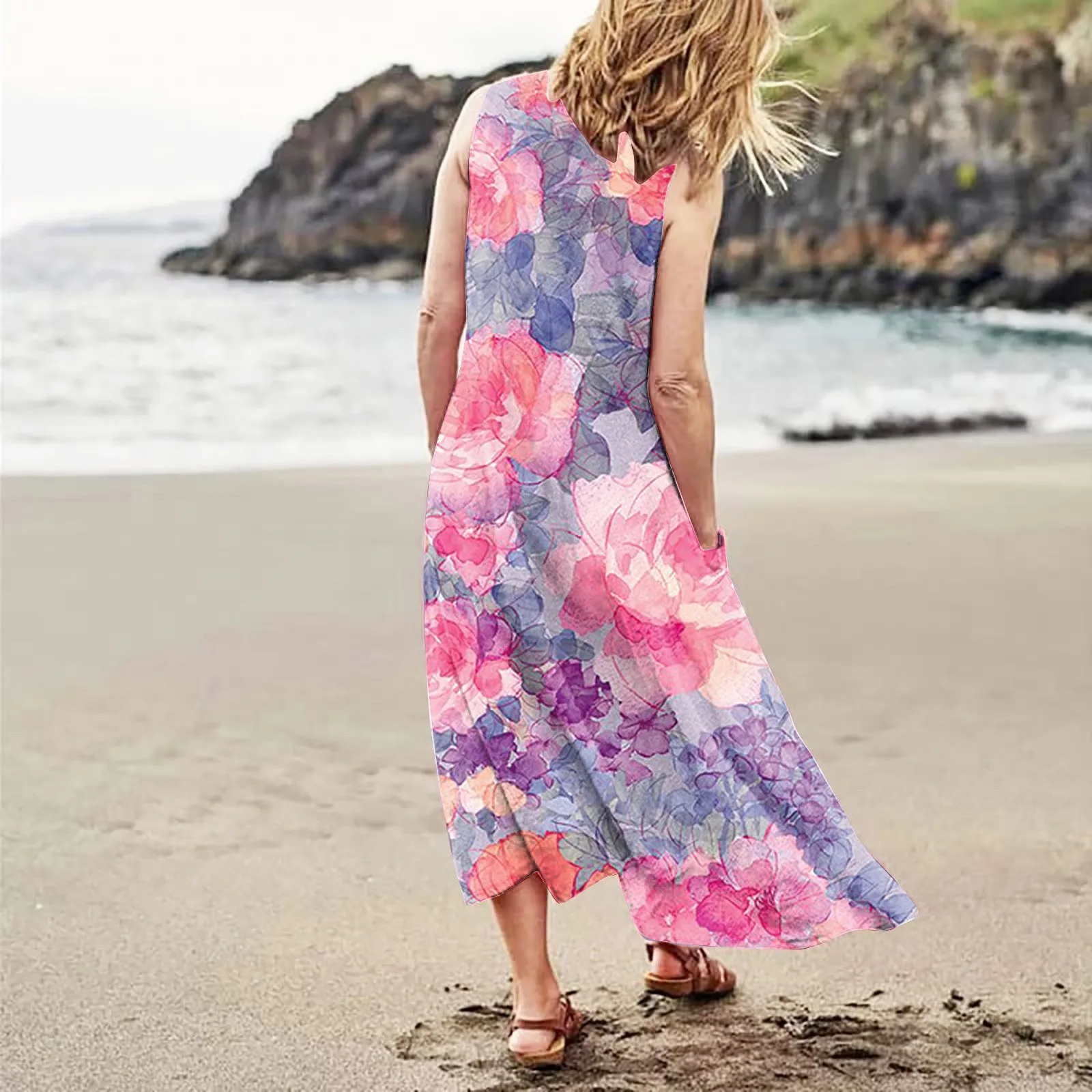 캐주얼 편안한 꽃 프린트 민소매 코튼, 포켓 비치 원피스, 우아한 여성 드레스, 여름 패션