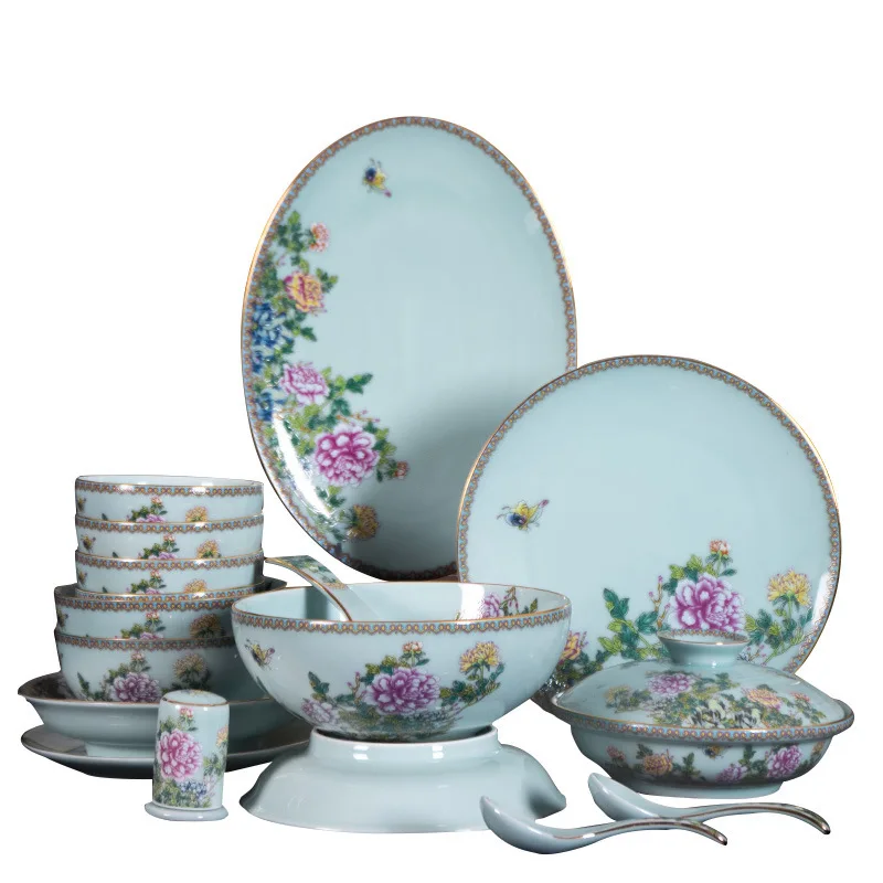 

High-end luxury household ceramic tableware set Jingdezhen ten-person large set