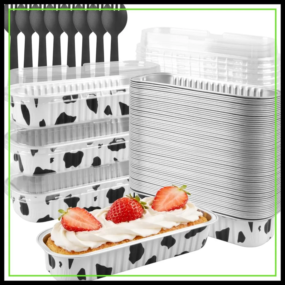 

50 Pack Mini Loaf Pans with Lids & Spoons, 6.8oz Disposable Aluminum Baking Tins for Brownie Cheesecake Lasagna, Cowprint