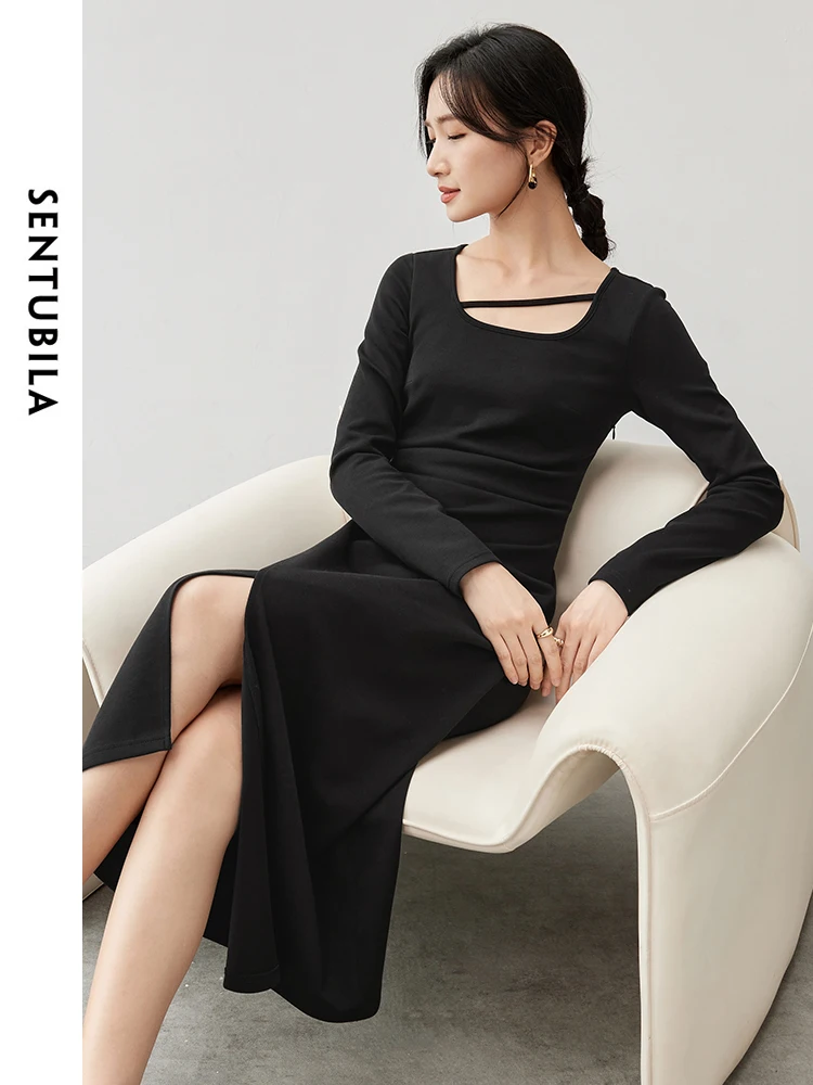 SENTUBILA Cotton Knitted Dresse 2024 Autumn Hollow Out Square Neck Fold Waist Long Sleeve Solid A-line Dress 143L57046