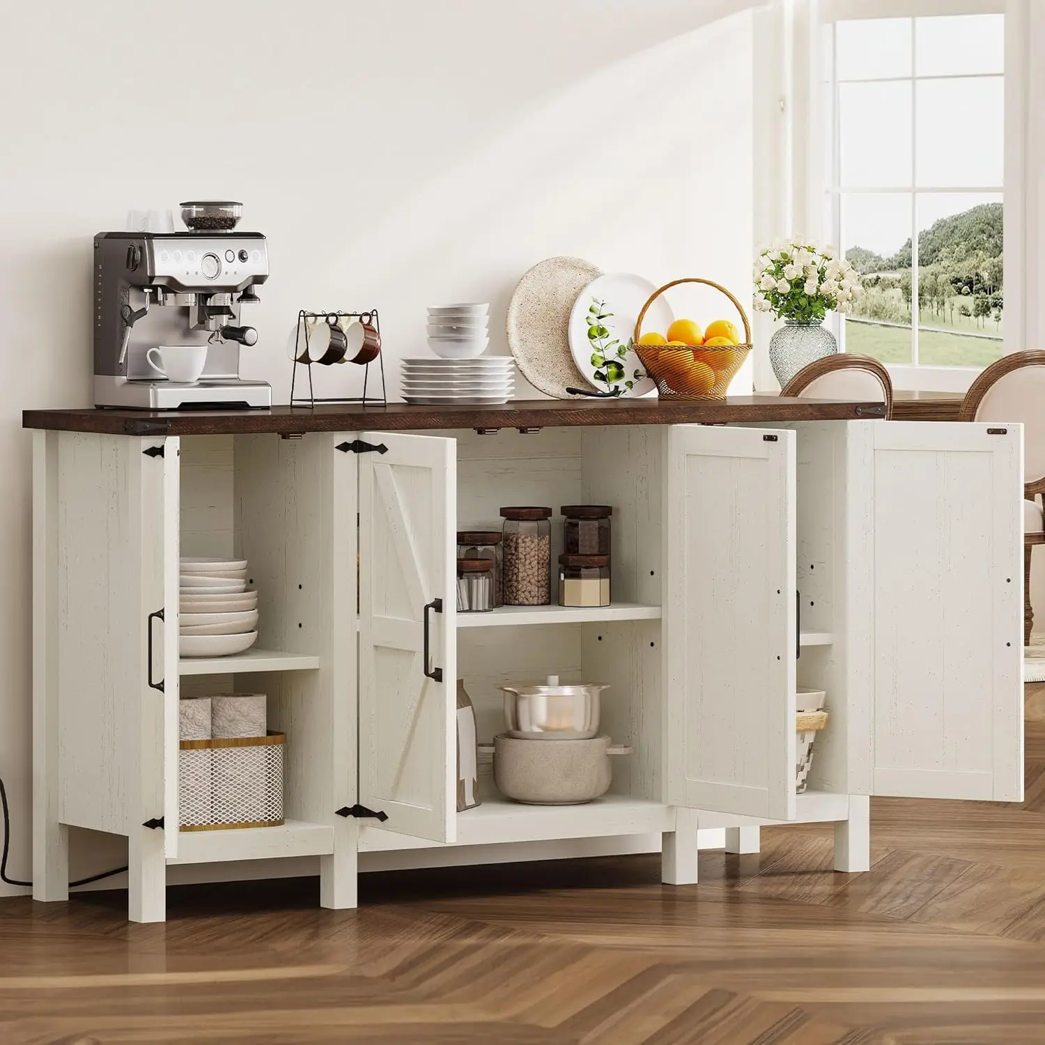 خزانة بوفيه جانبية للمزرعة مع مساحة تخزين، خزانة تخزين المطبخ مقاس 59 بوصة مع أرفف قابلة للتعديل لغرفة المعيشة، المدخل،