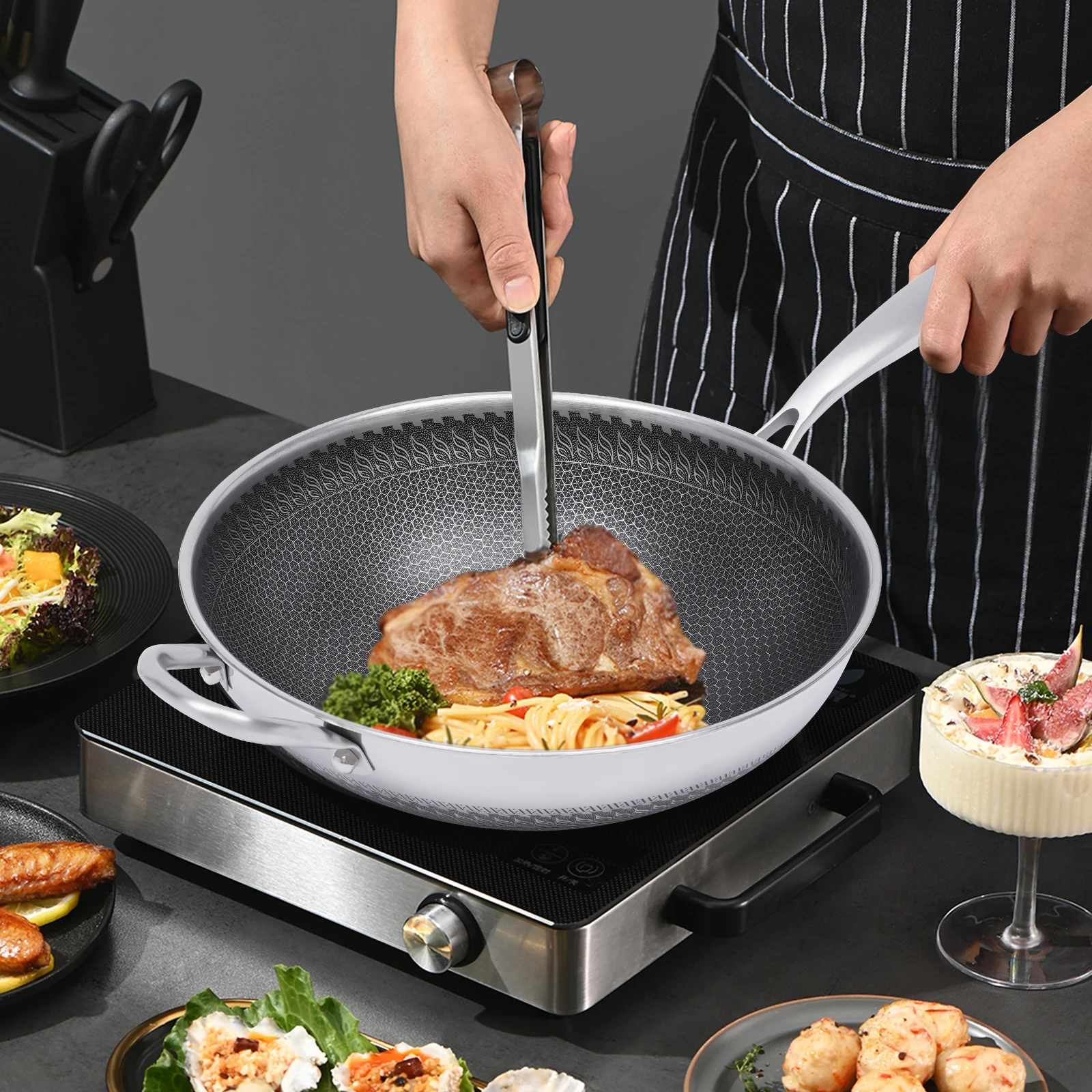 12in Stainless Steel Wok pan with Lid Frying Pan with Honeycomb Coating Fried Steak Pot Kitchen Cookware