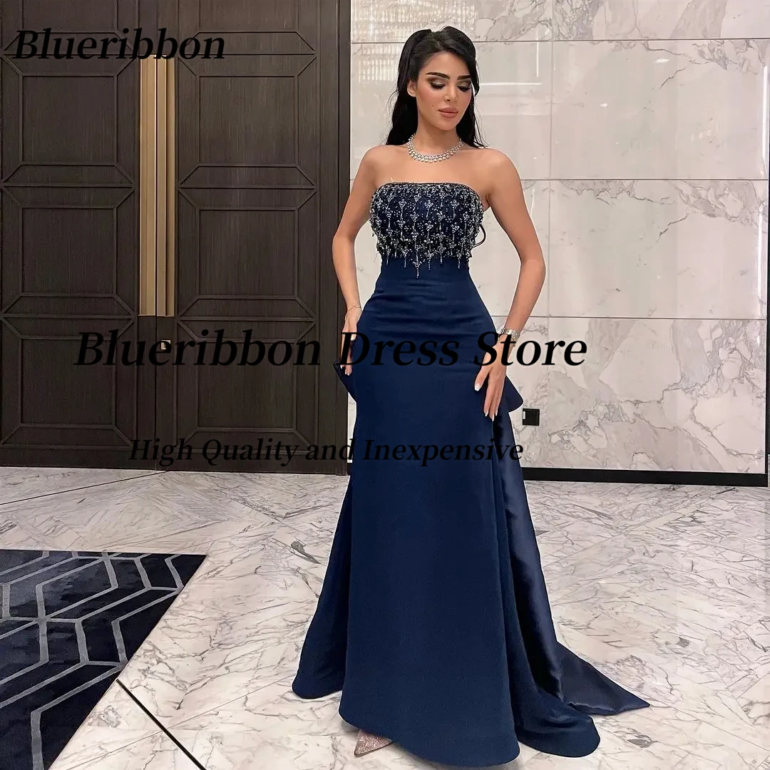 

Blueribbon Navy Blue Long Prom Dresses Customized Beading Strapless Vestidos De Festa Sexy Backless Special Party Evening Gowns
