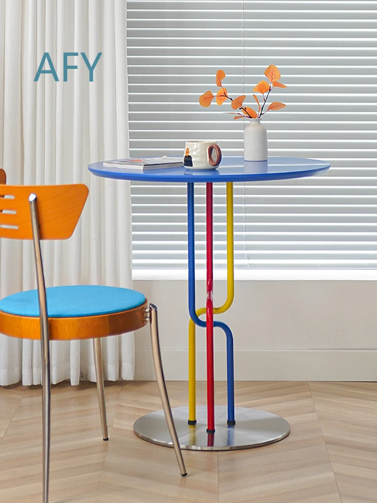 Luxury Blue Coffee Table for Solid Wood Stainless Steel Furniture for Milk Tea Shop Coffee Shop Living Room Central Round