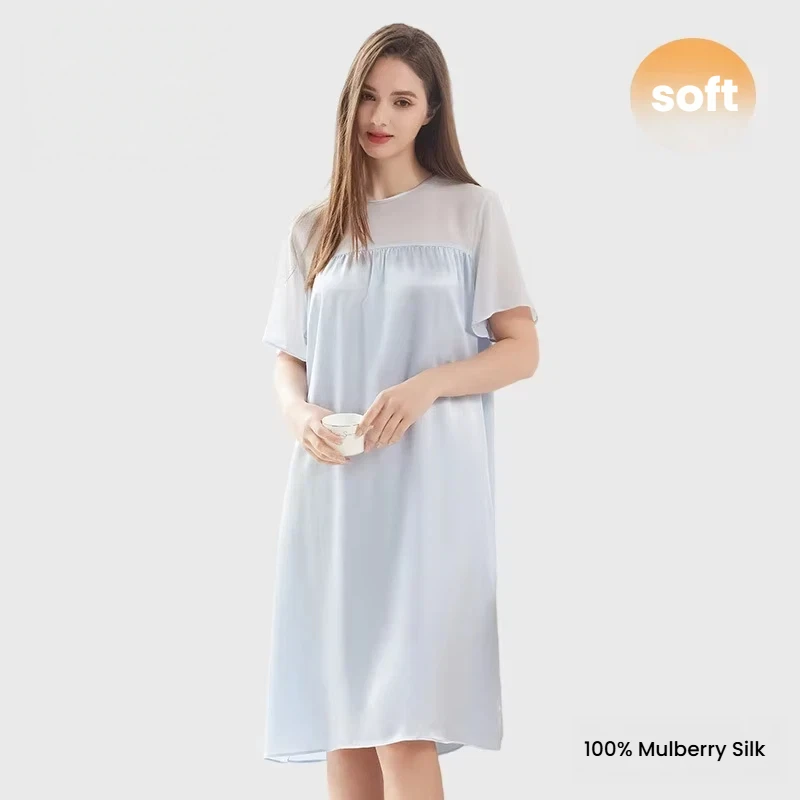 2026 New 100% Mulberry Silk Pajamas Women Short Sleeve Nightdress Soft Breathable Luxury Sleepwear Mid-Length Loungewear