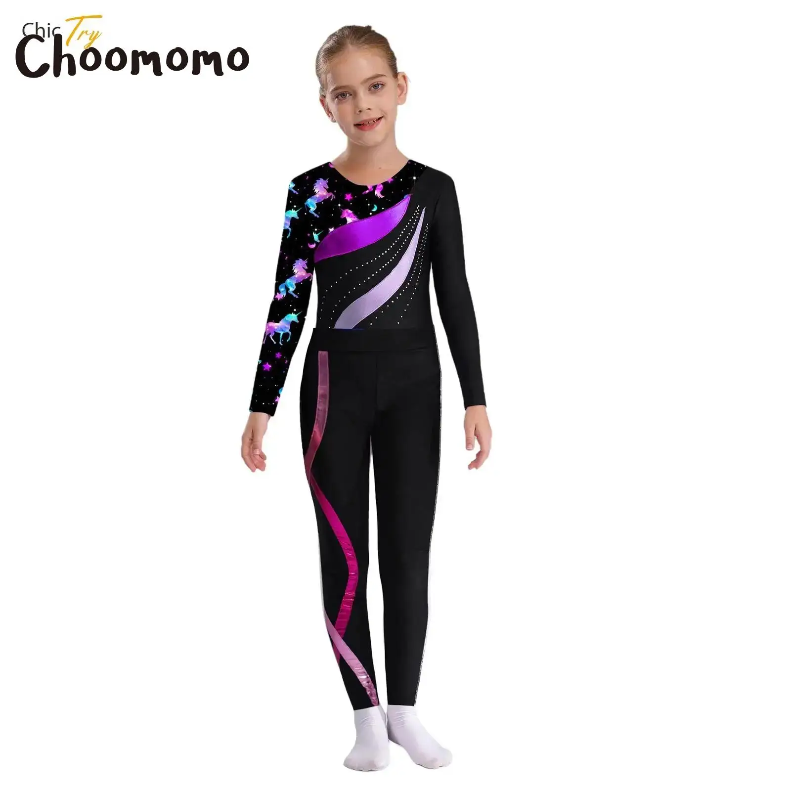 

Children Girls Long Sleeve Shiny Rhinestones Leotard with Elastic Waistband Side Striped Pants for Dance Shows Competition