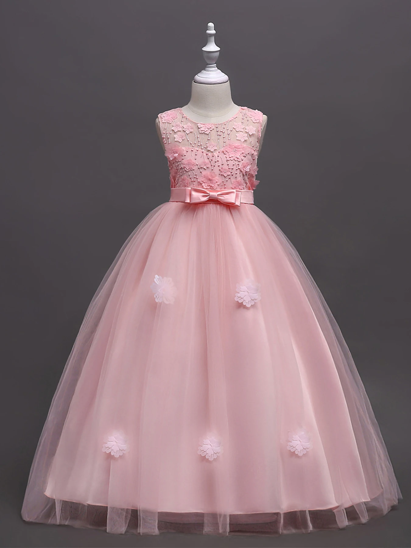 pink European and American Hot selling Children\'s Flower Dress Lace Sleeveless Flower Girl Princess Dress Girl Bow Dress