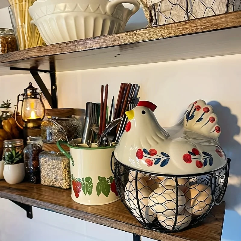 Egg Basket Farmhouse Hen shaped Egg Storage Iron Container with Ceramic Cover Kitchen Storage Practical Items Fruit Basket