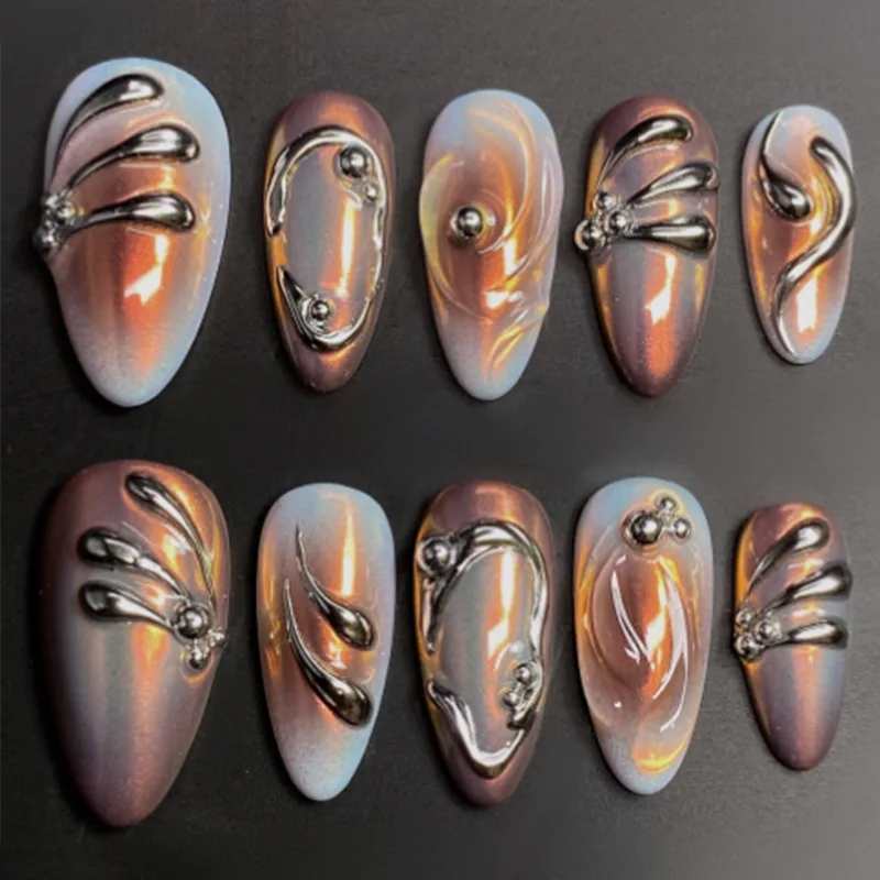

24Pcs Long Almond Press on Nails - 3D Irregular Metal Texture with Smoky Ombre Effect False Nails With Wearing Tools
