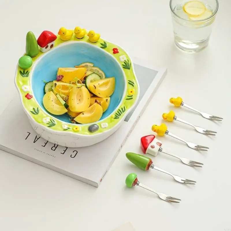 Handmade Farm and Field Ceramic Fruit Plate and Six Stainless Steel Forks Bowl Novel Tableware Gifts 87HA