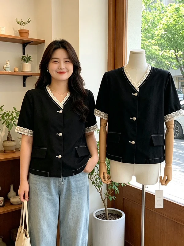 

plus Size Women's Fashionable Black V-Neck Short Sleeve Lace Patchwork Loose Slimming Summer Top Korean Style Commute Wind