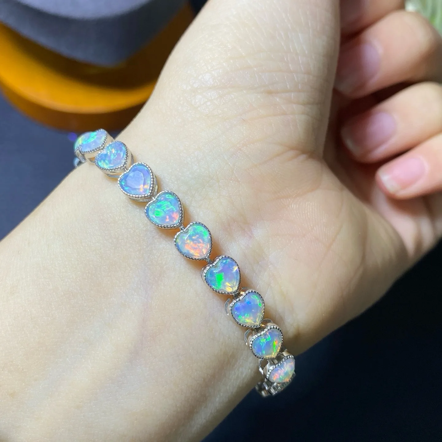 S925 Silver Natural Opal Bracelet, Heart Shape 5mm Clean Crystal Gemstone with Certificate Fine Craft