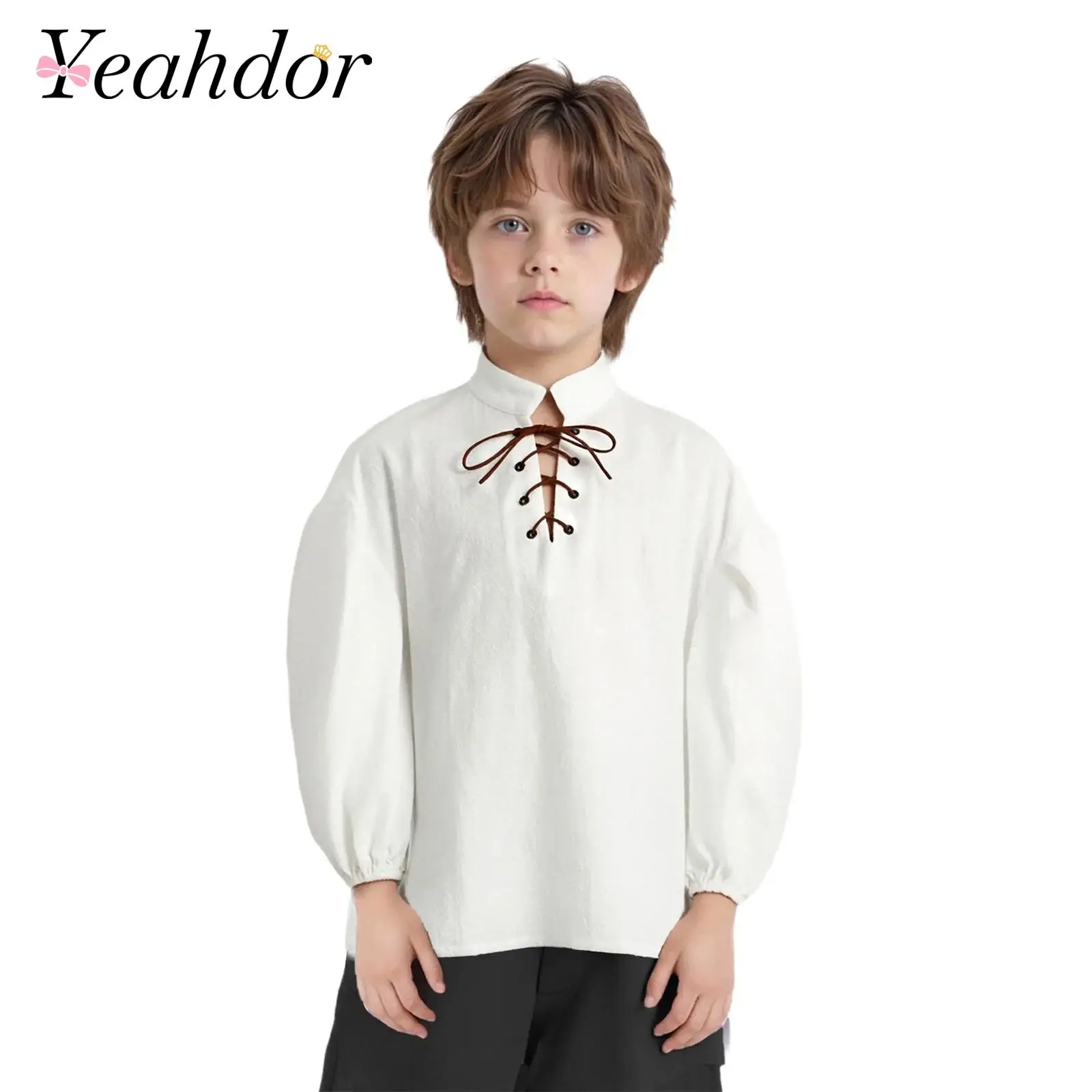 

Boys Medieval Pirate Shirt Kids Viking Renaissance Costume Stand Collar Long Sleeve Top Steampunk Themed Party Gothic Outfits