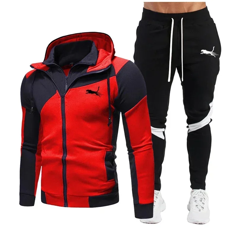 Autumn Winter Men's High Quality Hoodie Sportsuit Double Zipper Colorblocking Sportswear Fashion Casual Jacket Outdoor Sportjack