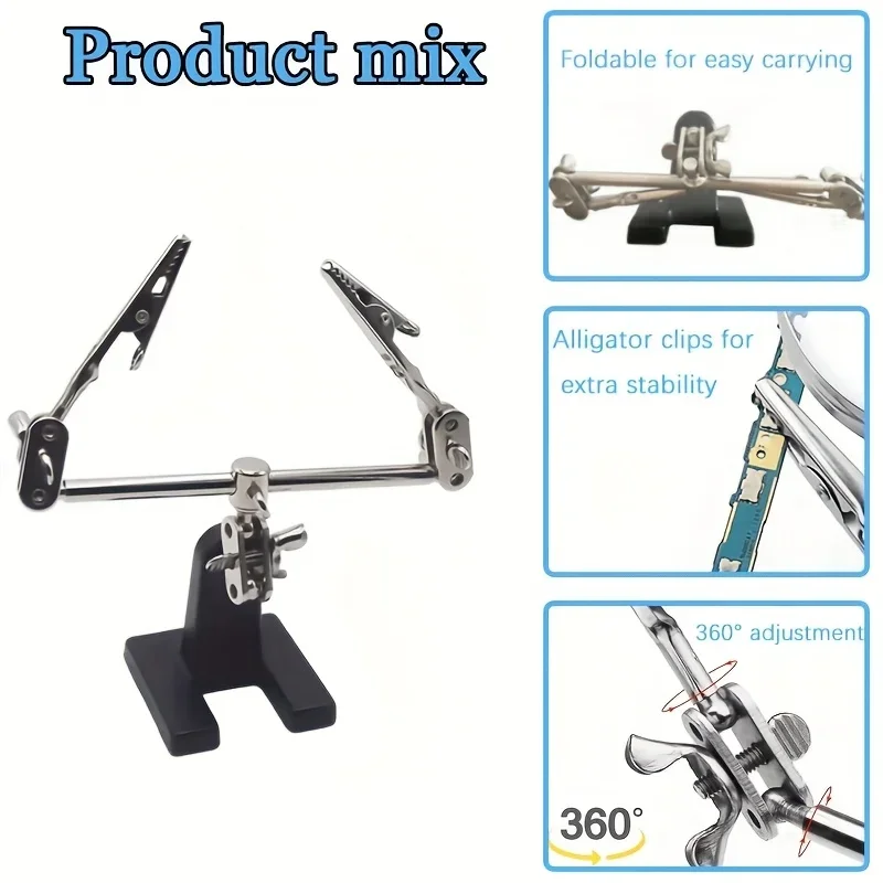 Adjustable Third Hand Soldering Stand with Magnifying Glass and Alligator Clips Perfect for PCB and Circuit Repair