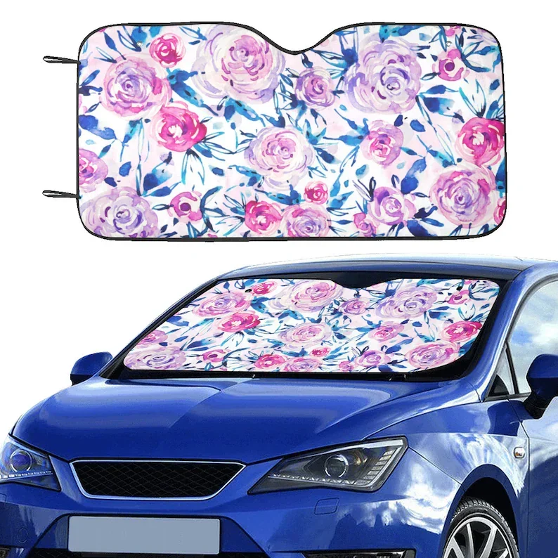 Watercolor Flowers Sun Windshield, Floral Pastel Pink Car Accessories Auto Shade Protector Window Visor Screen Cover Decor 55