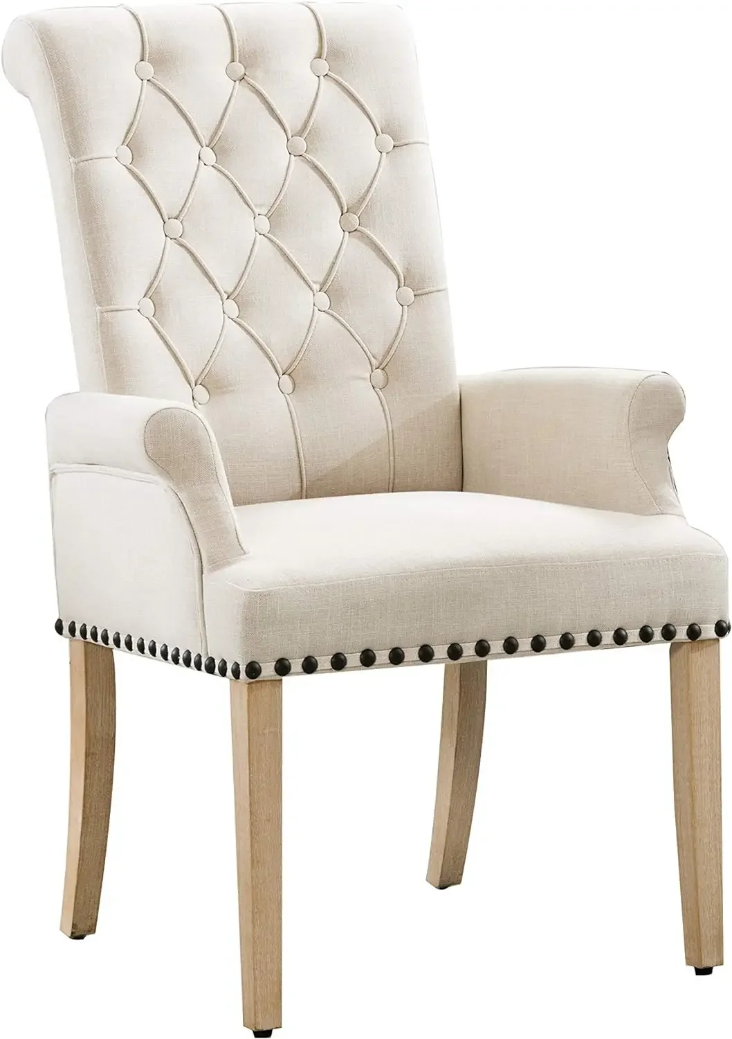 

Dining Room Chairs with Arms,Tufted Upholstered High Back Nailed Trim with Untique Oak Wood Legs for Kitchen Restaurant Room Bed