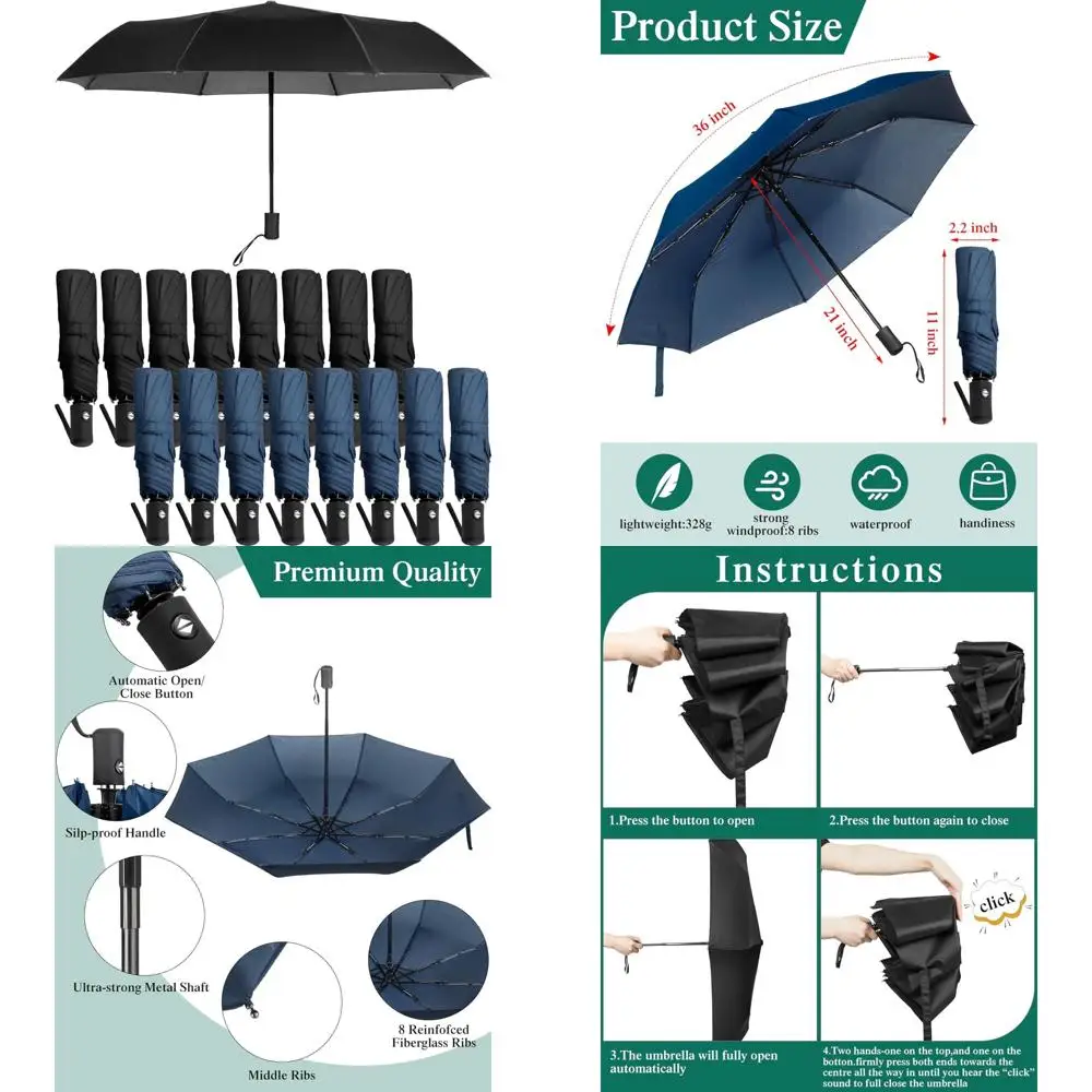 

Windproof Travel Umbrellas - 16 Pack Collapsible Folding Compact Portable Automatic Open Close Rain Umbrellas for Outdoor Activi
