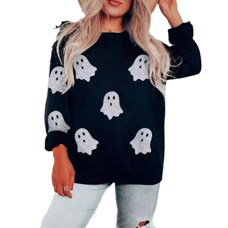 New Women's Halloween Flash Ghost Top Black Purple Round Neck Print Loose Casual Couple Style Hoodless Sweatshirt Holiday Gifts