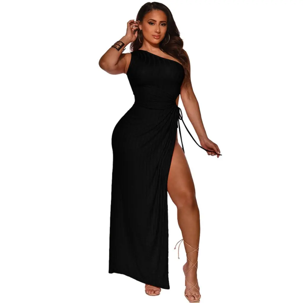K9881 Hochelastisches One-Shoulder-Sexy-Split-Kleid, einfarbiger Nachtclub-Rock für Frauen in Europa und USA