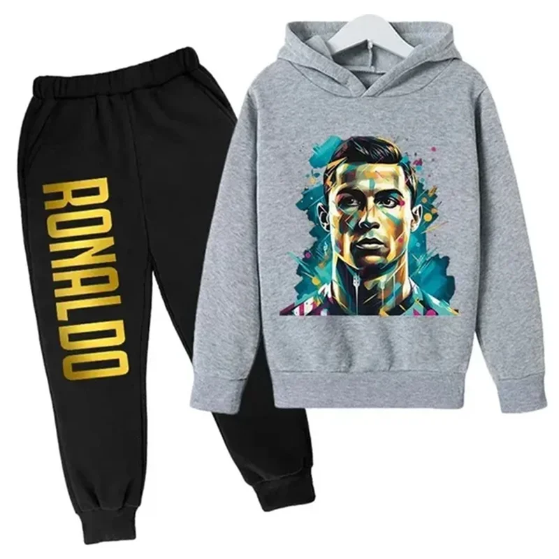 Ronaldo printed children\'s hoodie set autumn and winter fleece hooded pants two-piece sports casual children\'s clothing