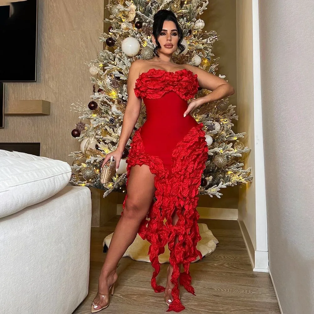 

Sexy Bandage Dr Cross-Border Hot S oulder Bared Asymmetrical Pleated Sa Wrap Dr Women's Faion Spring Summer Au...