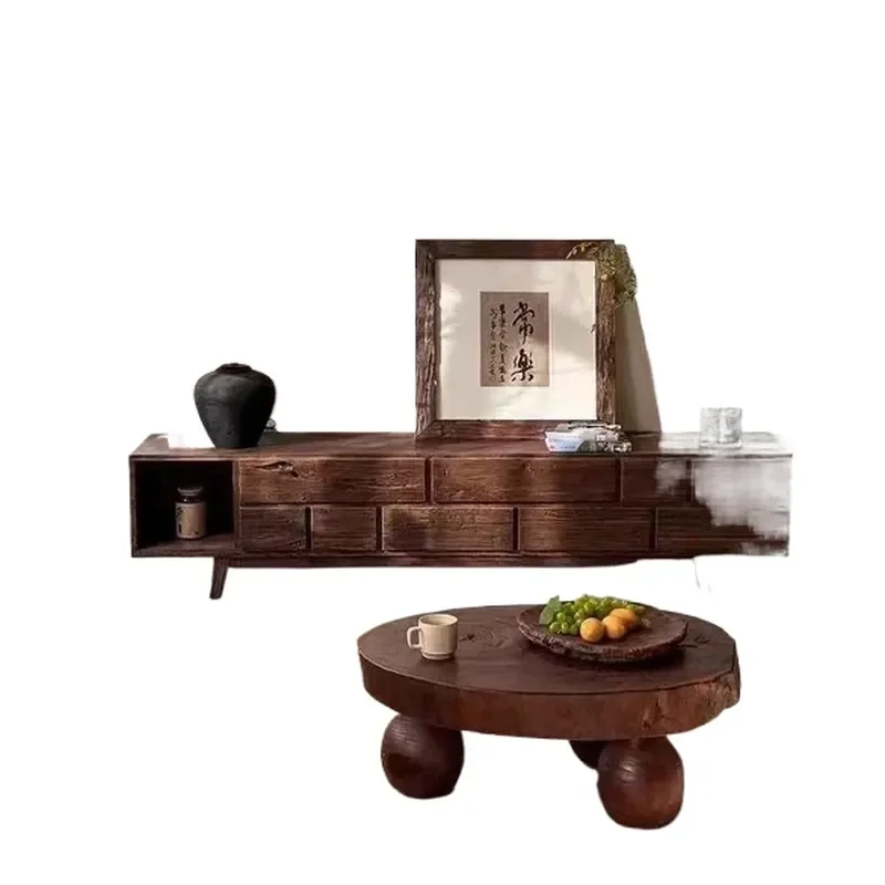 for Medieval solid wood TV cabinet retro old elm homestay decorative furniture log small apartment living room floor locker