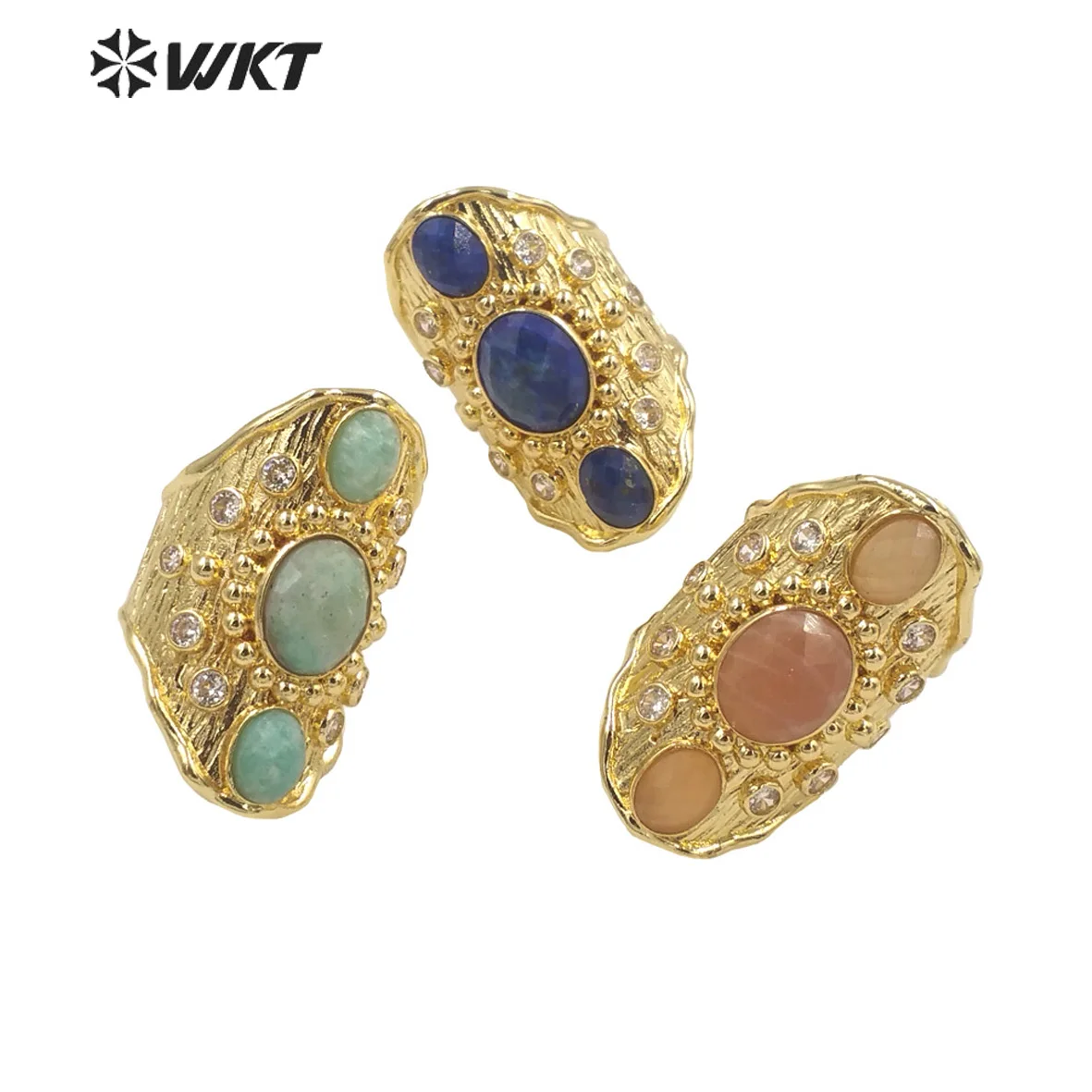 WT-MR025 Amazing Beautiful And Natural Triple Colorful Stone & Zircon European Style Gold Plated Unisex Rings