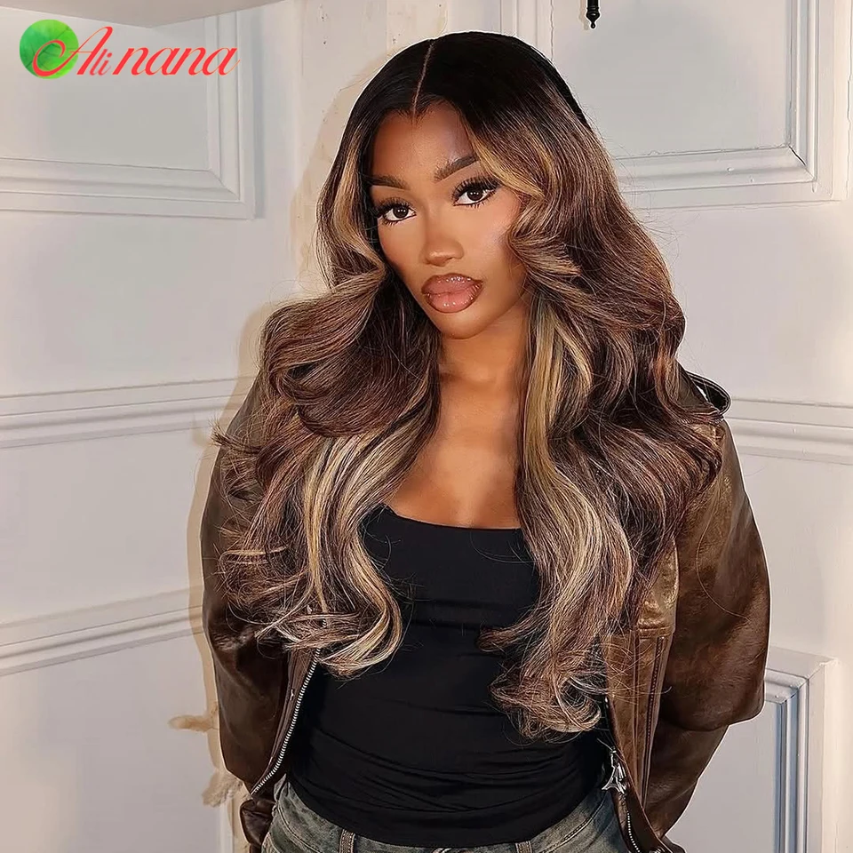 

Highlights Brown Blonde With Short Root Color 13x6 Lace Frontal Wig Body Wave PrePluck 5x7 Lace Closure Wig Human Hair For Women