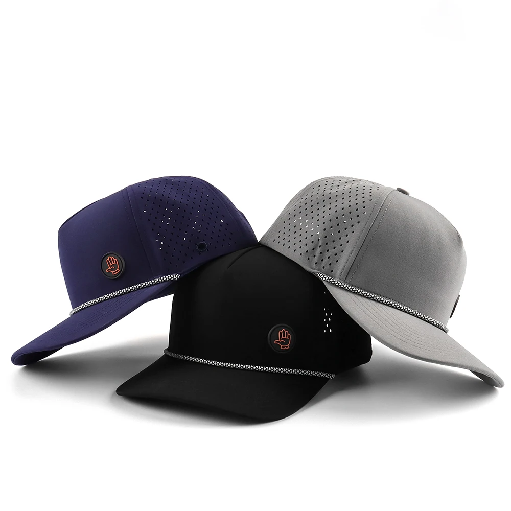 

Outdoor golf hat laser cut polyester hat with rope PVC logo laser cut perforated baseball cap Custom Golf Tee hat